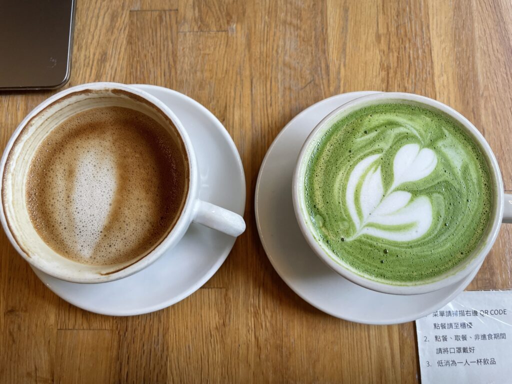 Image displays a dark roast oat milk latte & marukyu-koyamaen green tea latte at Fika Fika Cafe.
